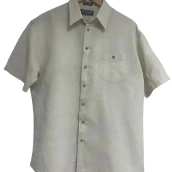 Stafford Short Sleeve Beige Tan Linen Party Breezer Camp Shirt Size 17  XL - Picture 1 of 7